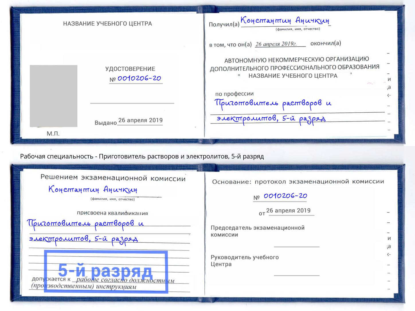 корочка 5-й разряд Приготовитель растворов и электролитов Коряжма