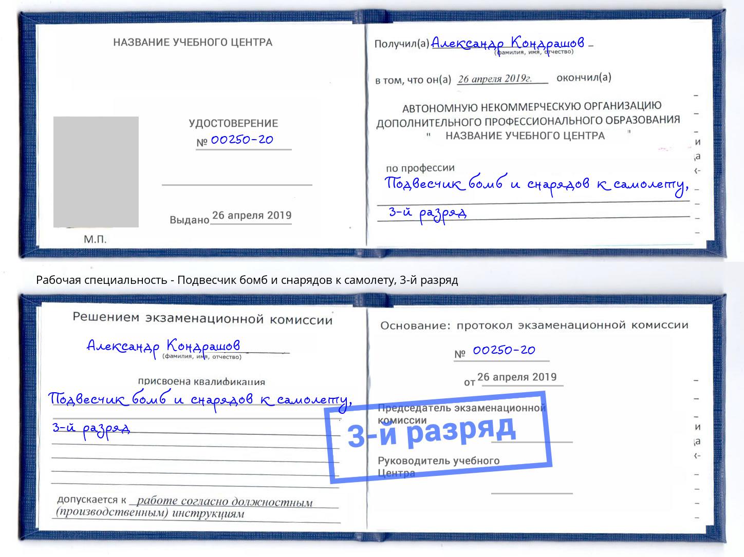корочка 3-й разряд Подвесчик бомб и снарядов к самолету Коряжма