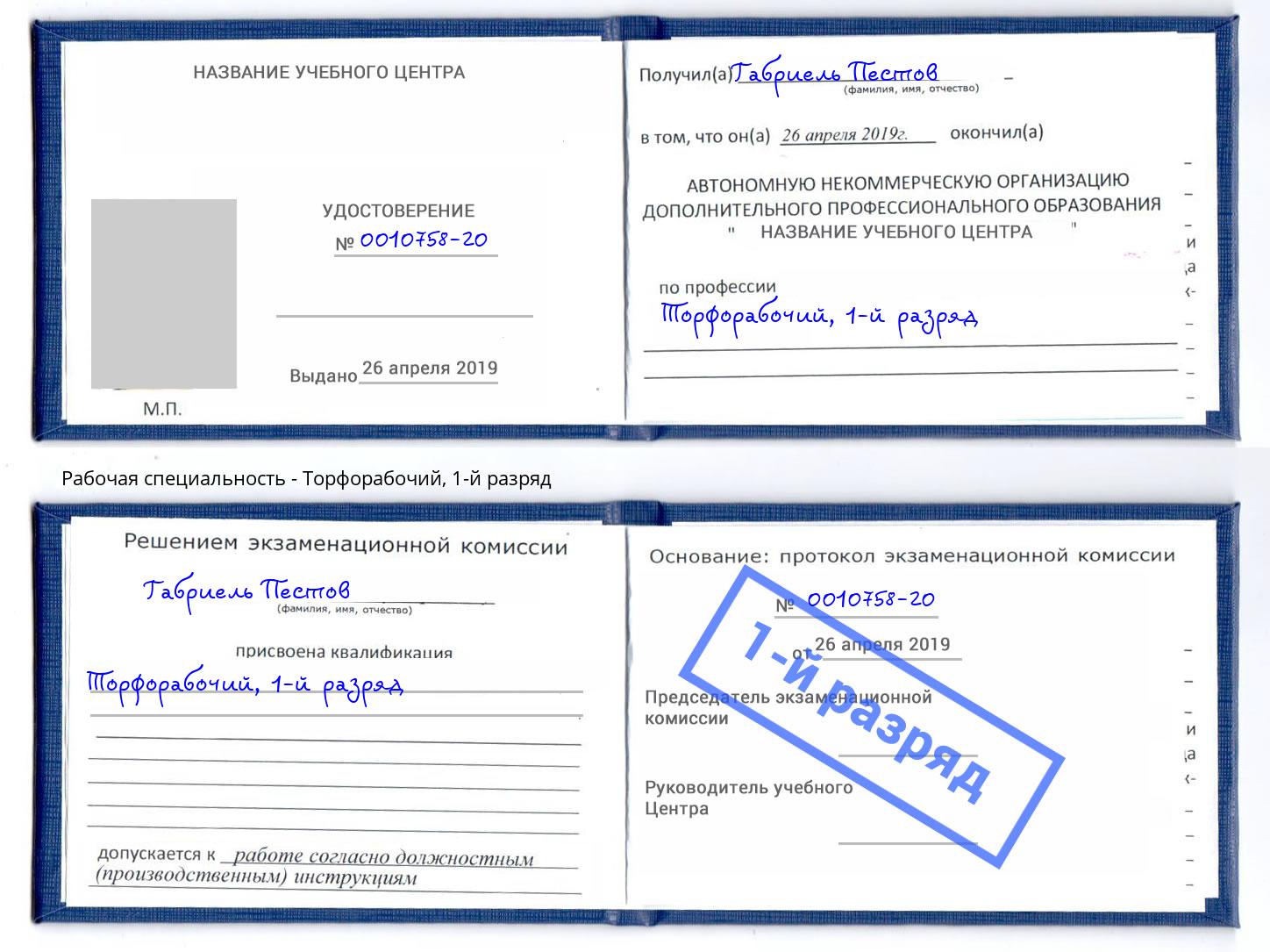 корочка 1-й разряд Торфорабочий Коряжма