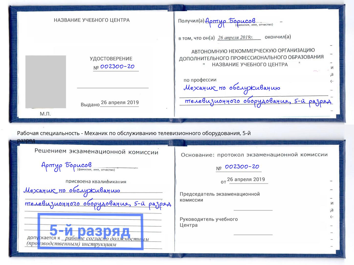 корочка 5-й разряд Механик по обслуживанию телевизионного оборудования Коряжма