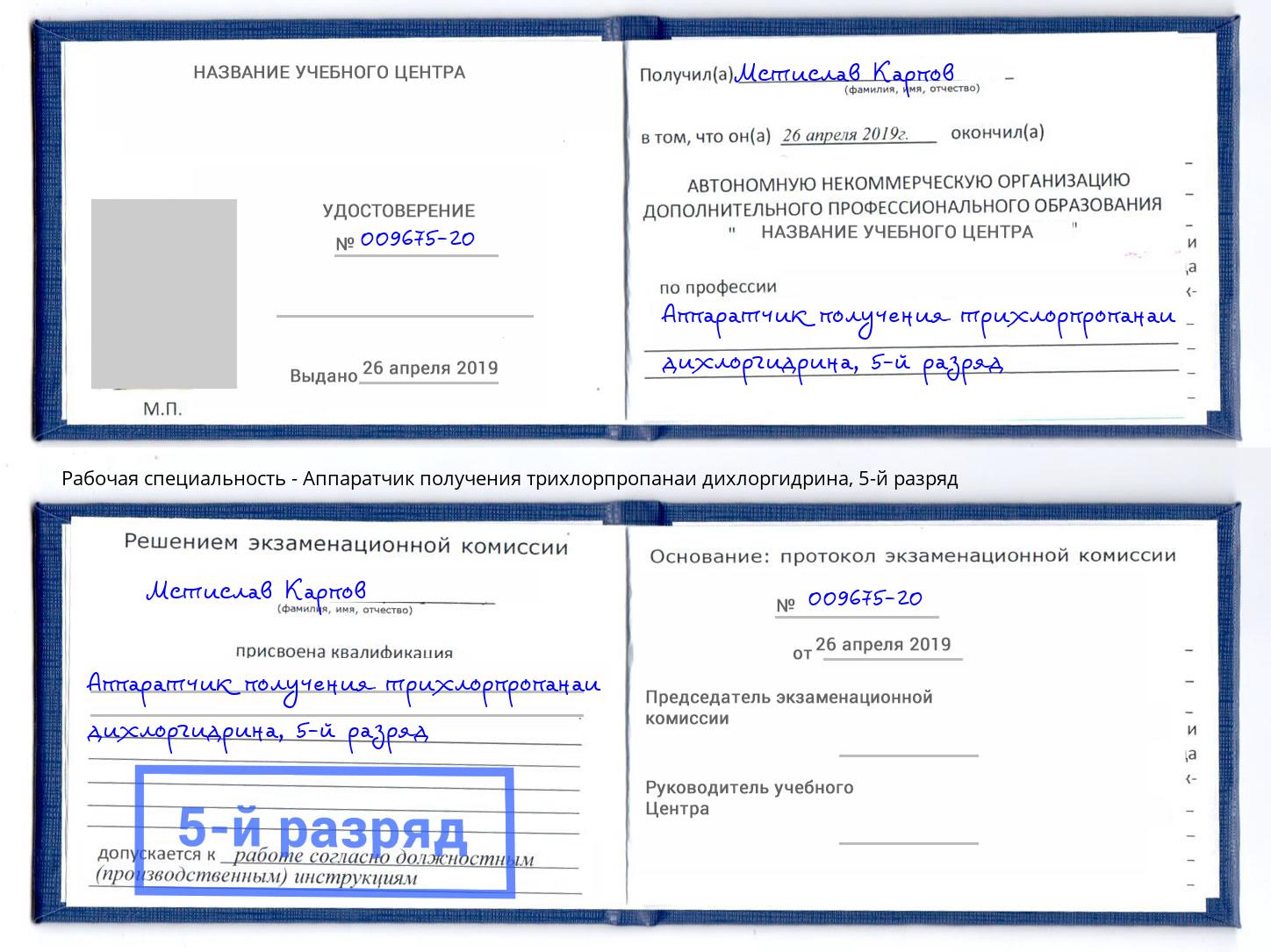 корочка 5-й разряд Аппаратчик получения трихлорпропанаи дихлоргидрина Коряжма